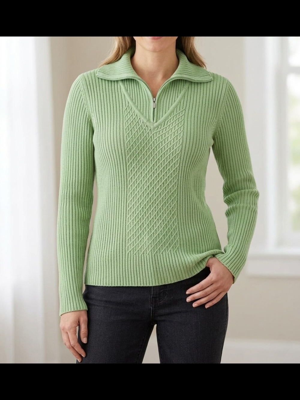 Liz Claiborne Pastel Green Ribbed Half-Zip V-Neck Sweater